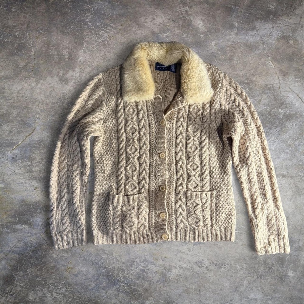 Liz Claiborne LizSport Faux Fur Collar Wool Cable Knit Cardigan Women's Medium
